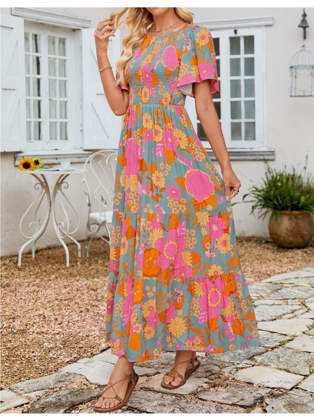 Zesica Pink and Mustard Floral Smocked Maxi Dress